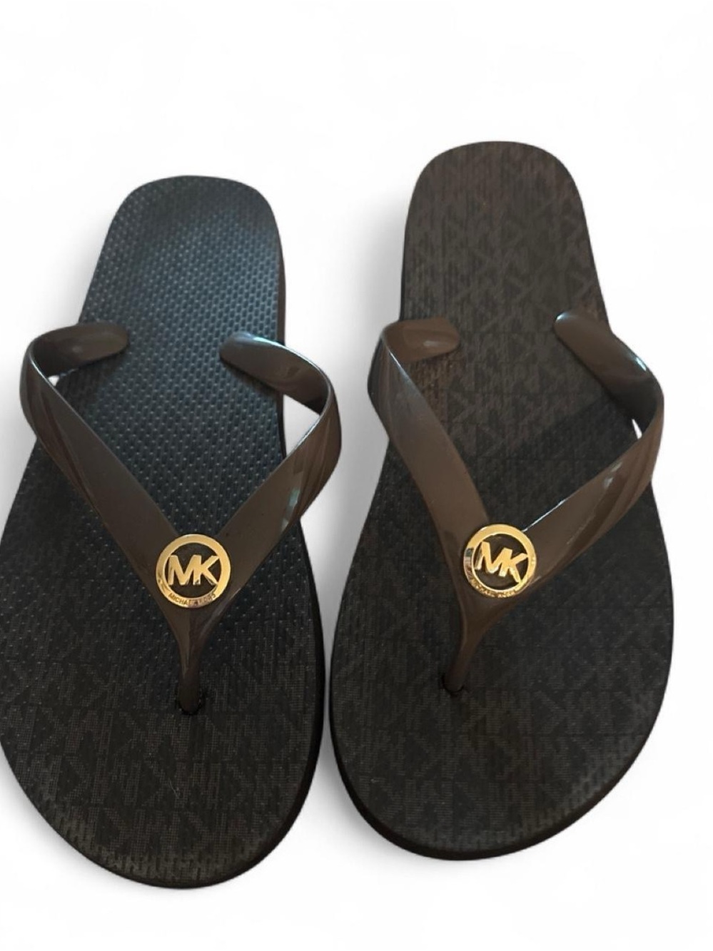 Michael Kors Brown Jelly Flip Flop Sandals with Gold MK Medallions